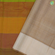 Multi color self-weaved half and half design cream white plain thazampoo border contemporary silk saree