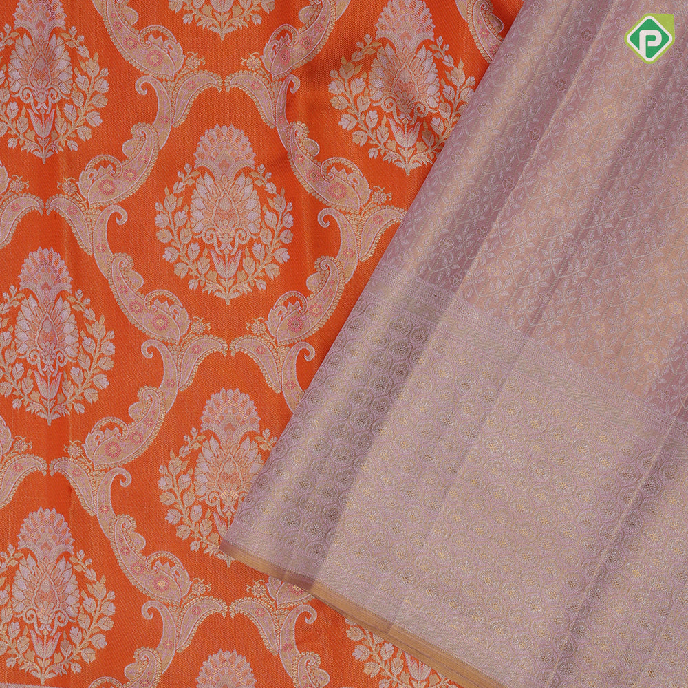 Fanta Orange Gold Zari Flower And Mango Floral Design Baby Pink Floral Border Design Wedding Silk Saree