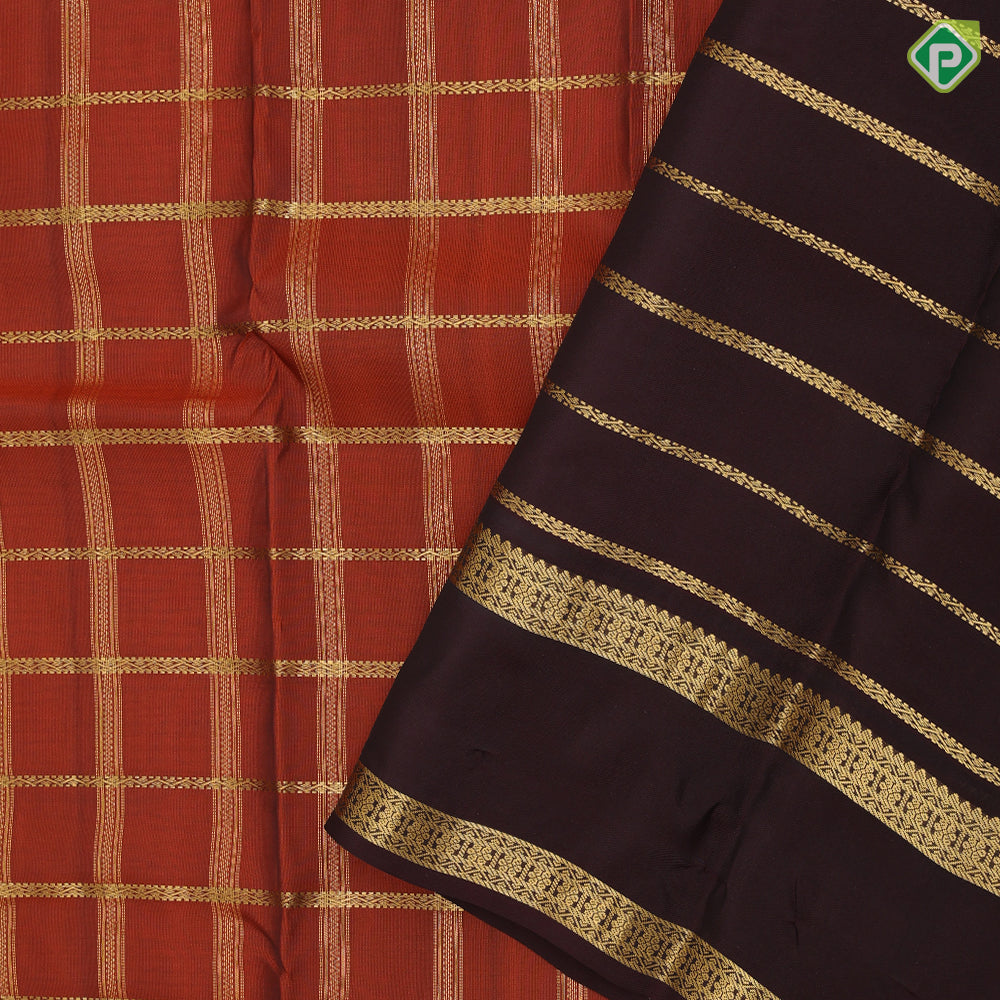 Rust orange gold zari checked window panel brown gold zari retta pattai border pure mix silk saree