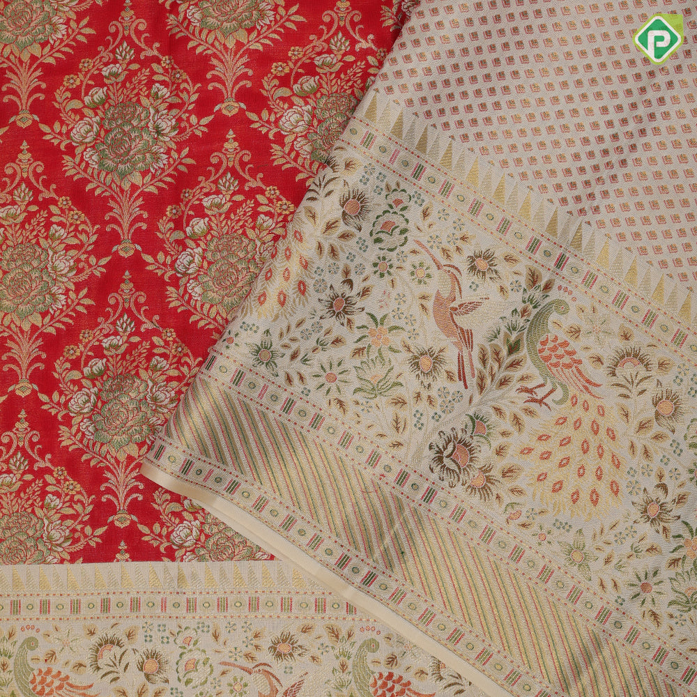 senduram red gold zari grand thilagam meena work design cream multi color peacock and garden fancy border bridal tissue silk saree