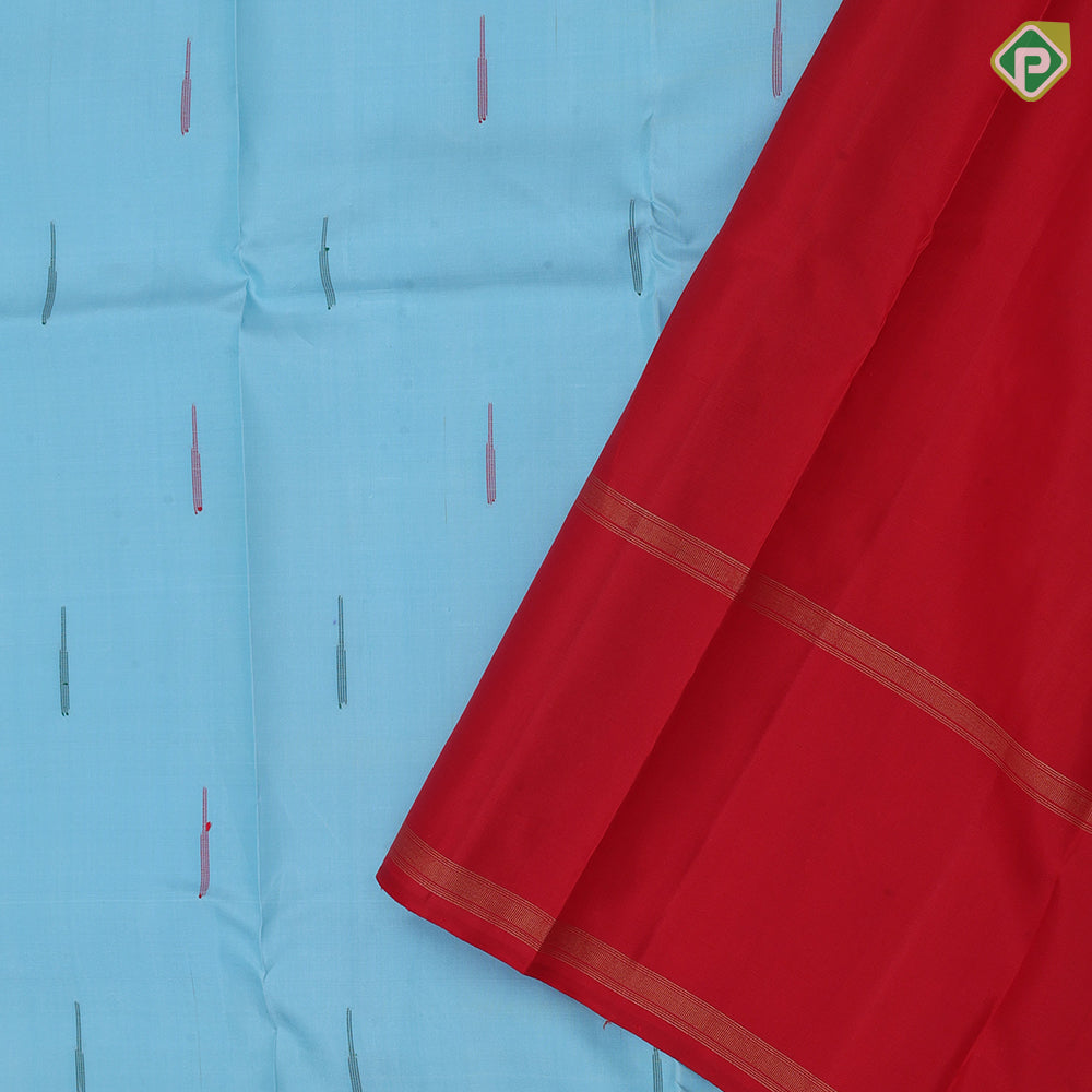 Ice blue multi color rain drops butta design Ganga jamuna temple retta paatai border traditional silk saree