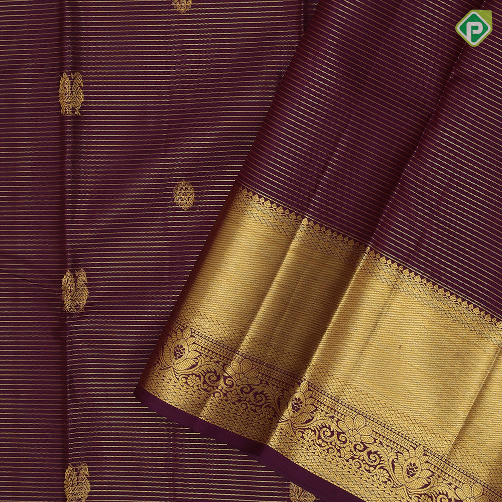 Purple gold zari vairaoosi and peacock rudraksham motifs self gold zari floral design border traditional silk saree