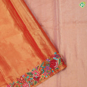 Goldish orange base silver zari diamond tissue weaved multi color thread embroidered border embroidery silk saree