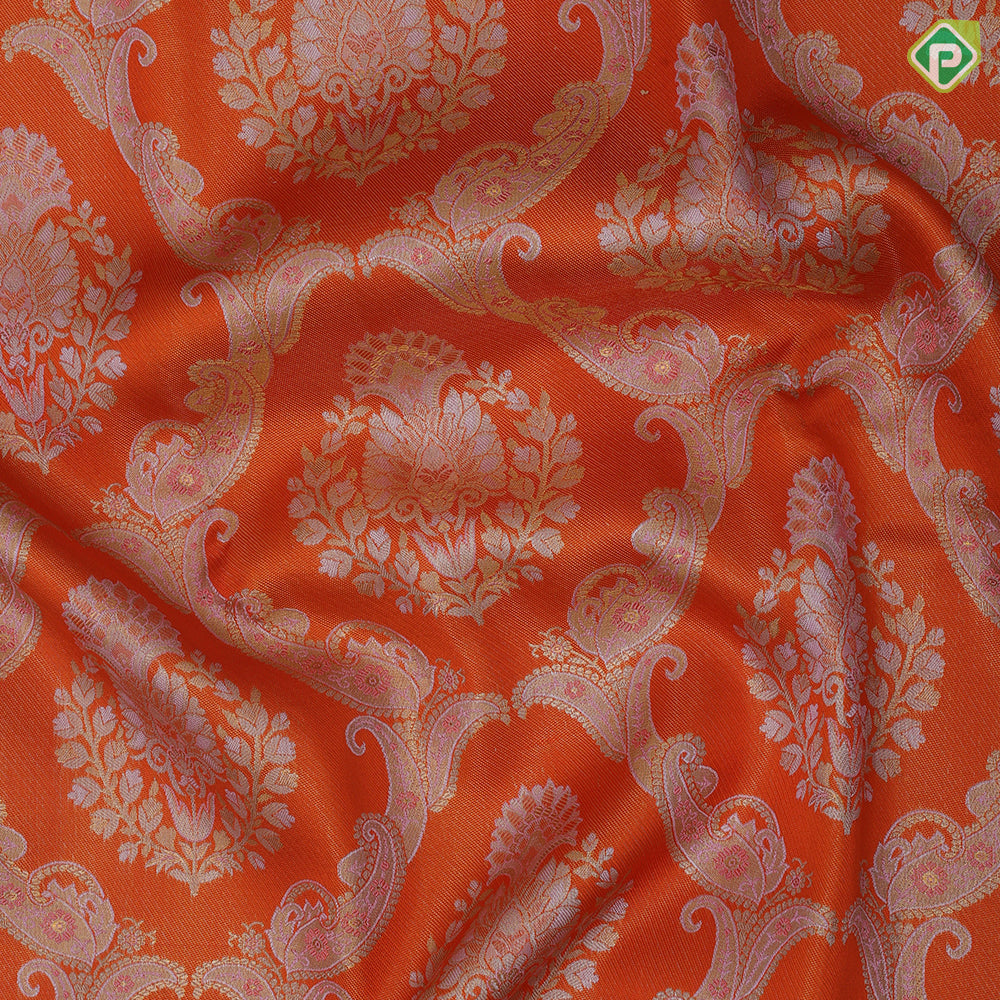 Fanta Orange Gold Zari Flower And Mango Floral Design Baby Pink Floral Border Design Wedding Silk Saree