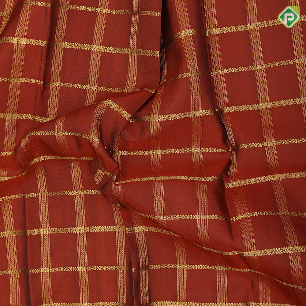 Rust orange gold zari checked window panel brown gold zari retta pattai border pure mix silk saree