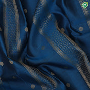 Deep sky blue gold zari design bars and butta contrast brown gold zari multi lines border traditional silk saree
