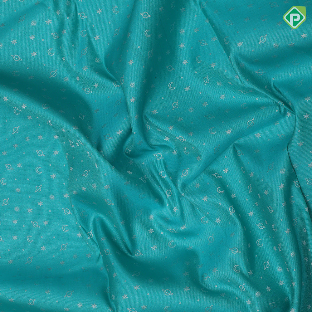Sky blue space star and galaxy butta design blue with silver zari planets butta design border contemporary silk saree