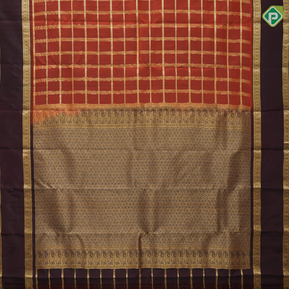 Rust orange gold zari checked window panel brown gold zari retta pattai border pure mix silk saree
