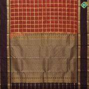 Rust orange gold zari checked window panel brown gold zari retta pattai border pure mix silk saree