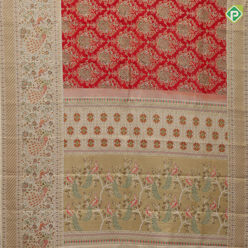 senduram red gold zari grand thilagam meena work design cream multi color peacock and garden fancy border bridal tissue silk saree