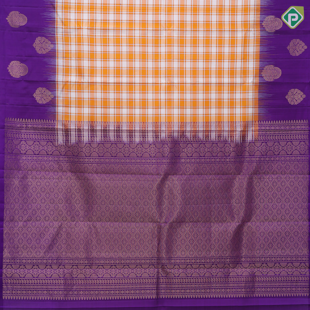 Honey orange white Chennai checks design purple blue gold zari fancy butta border soft silk saree