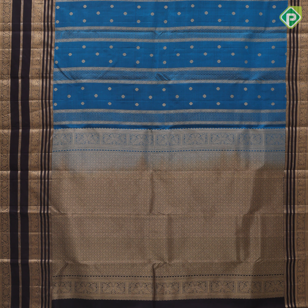 Deep sky blue gold zari design bars and butta contrast brown gold zari multi lines border traditional silk saree