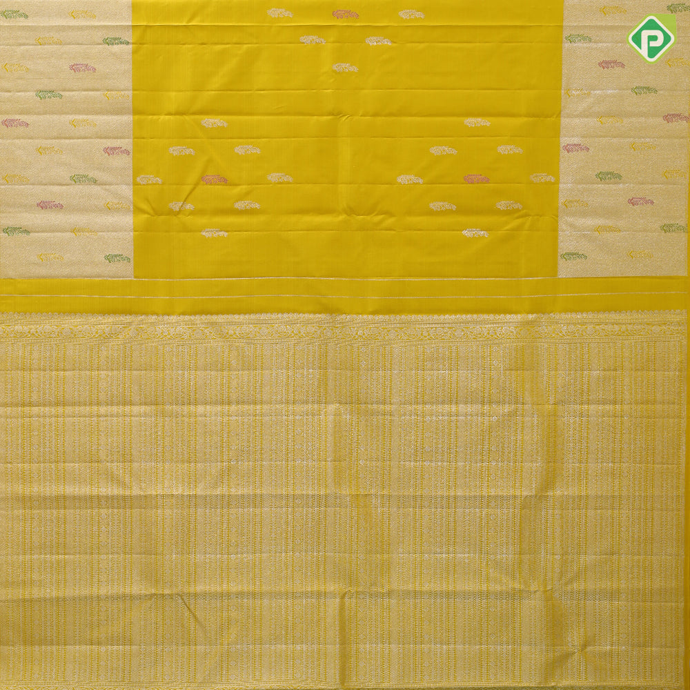 Lemon yellow silver zari fancy flower butta self silver zari and multi color butta border traditional silk saree