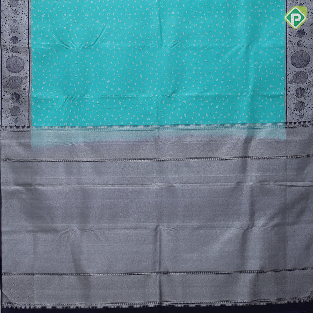 Sky blue space star and galaxy butta design blue with silver zari planets butta design border contemporary silk saree