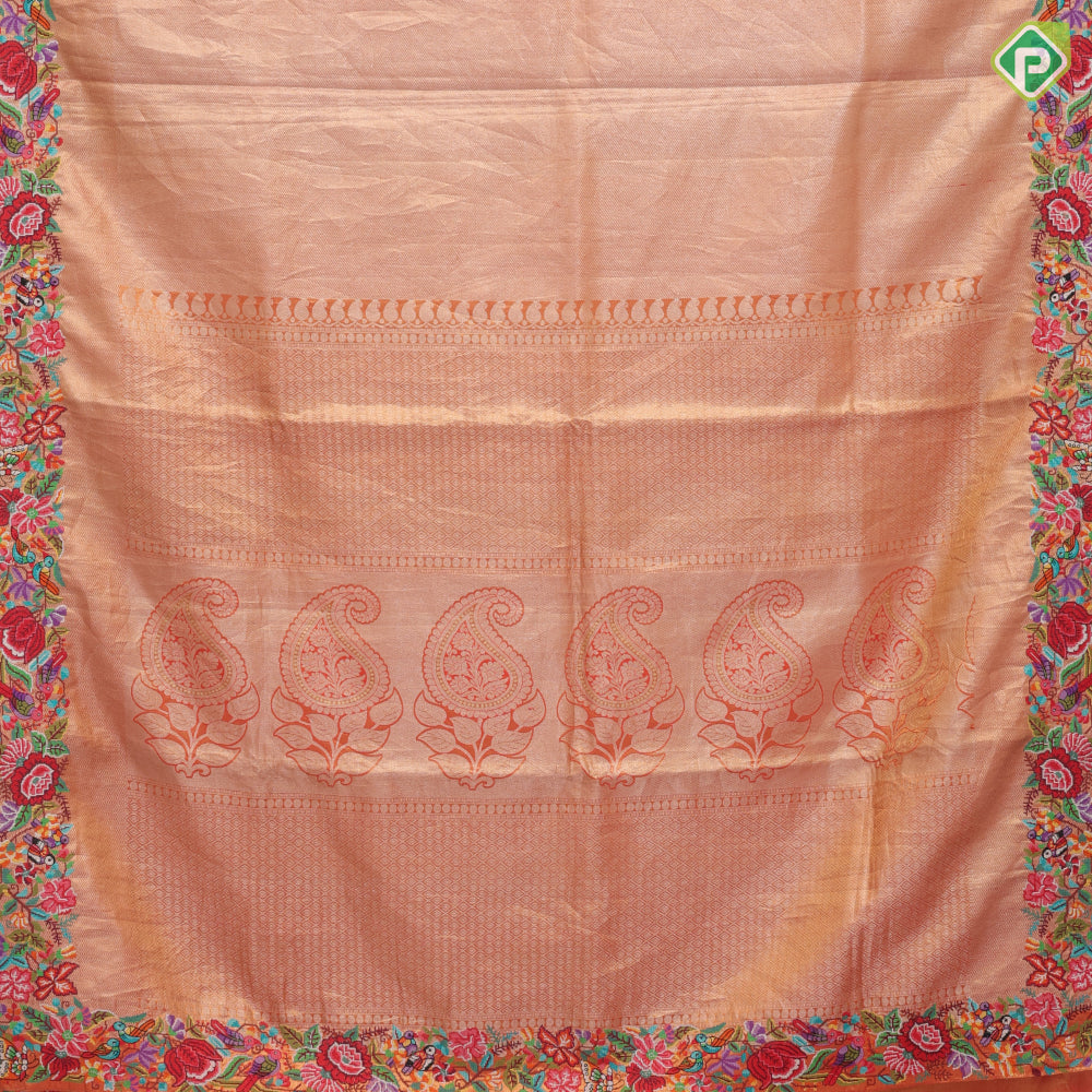 Goldish orange base silver zari diamond tissue weaved multi color thread embroidered border embroidery silk saree
