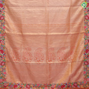 Goldish orange base silver zari diamond tissue weaved multi color thread embroidered border embroidery silk saree