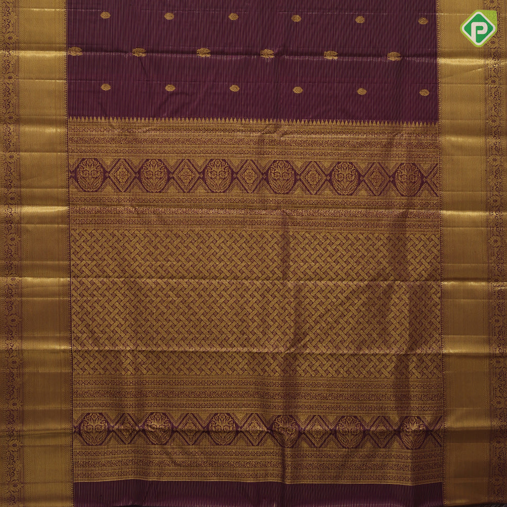 Purple gold zari vairaoosi and peacock rudraksham motifs self gold zari floral design border traditional silk saree
