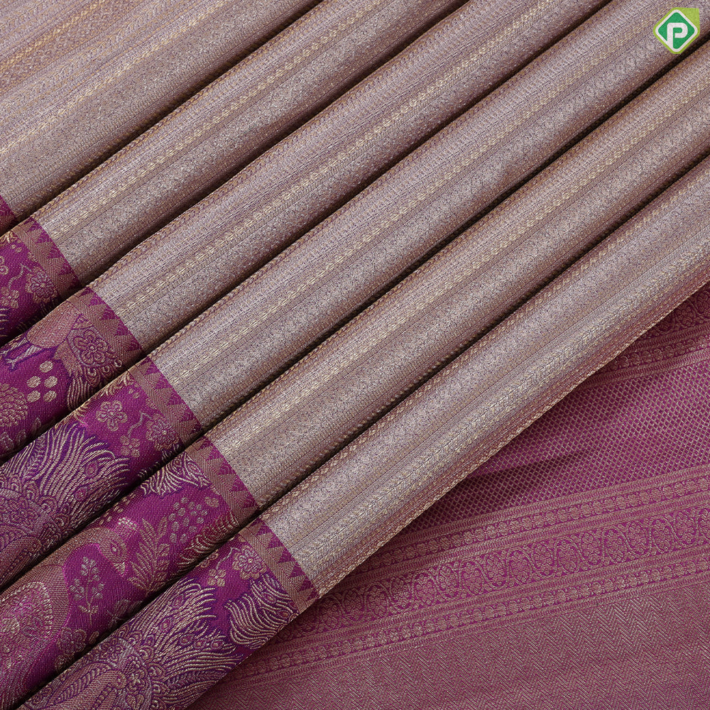 Peach silver gold zari self weaved stripes design rani pink silver gold zari peacock dancing border trendy silk saree