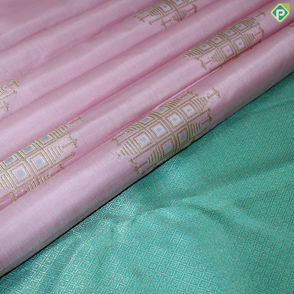 Peach Pink Gold Zari Motif With Mayilkan Design Gold And Silver Traditional Silk Saree