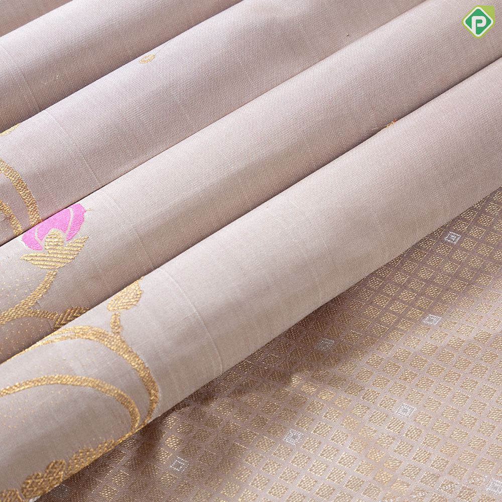 Beige With Gold Zari Small Button Butta Motifs gold Silver Zari Floral Creeper Design Border Traditional Silk Saree