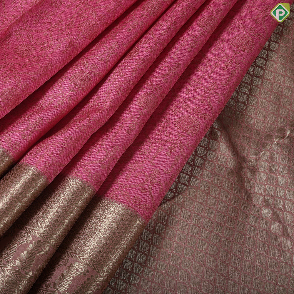 pale Pink grand floral thread work design onion pink gold zari border trendy silk saree