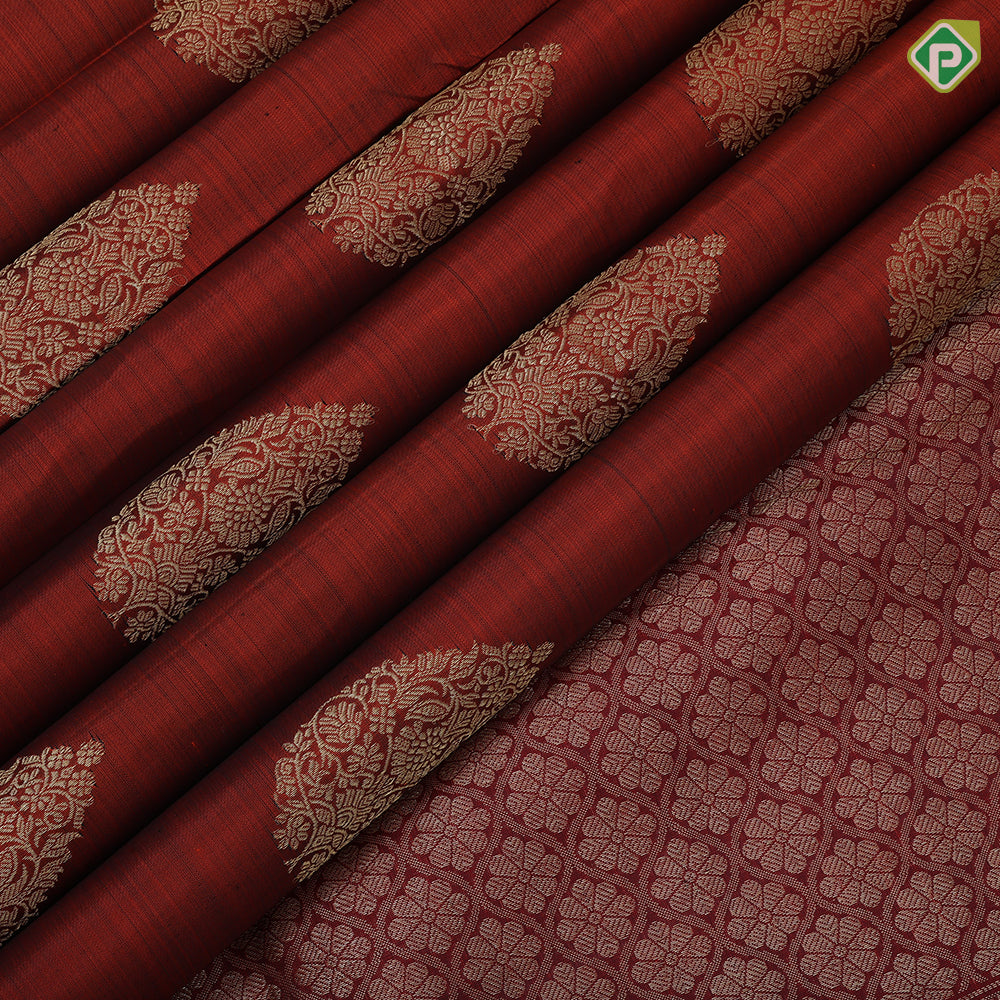Rust Orange Gold Zari Thilagam Butta Design Coffee Brown Mango Charagam Border Design Traditional Silk Saree