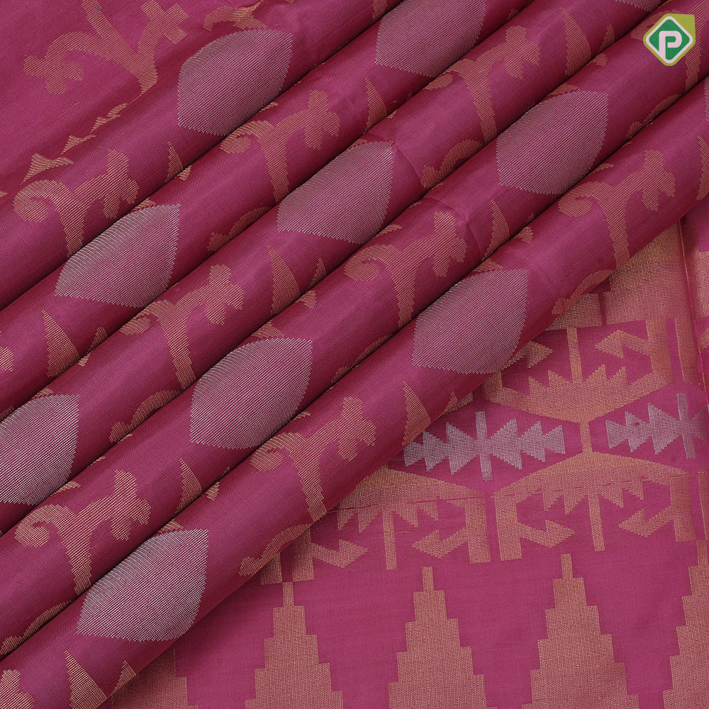 Pinkish orange silver gold zari diamond geometrical design self gold zari lines border soft silk saree
