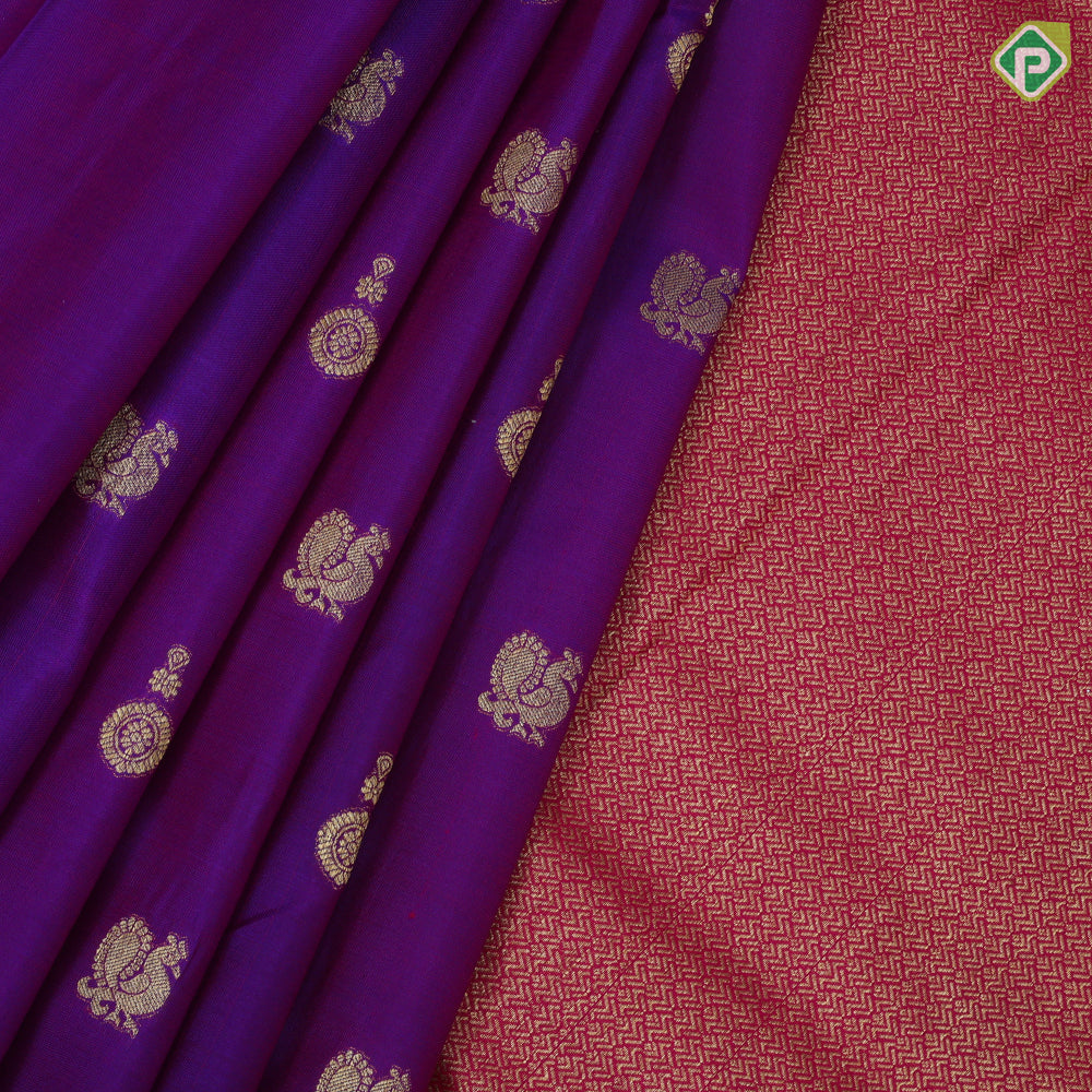 Dual shade purple gold zari chakkaram annam butta rani pink gold zari multi design border traditional silk saree