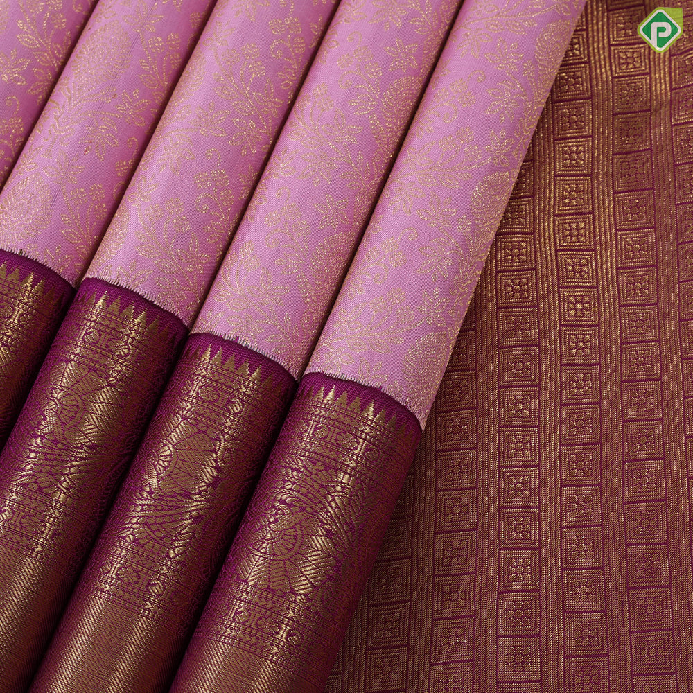 Baby pink with gold zari grand floral design purple pink gold zari border grand brocade bridal silk saree