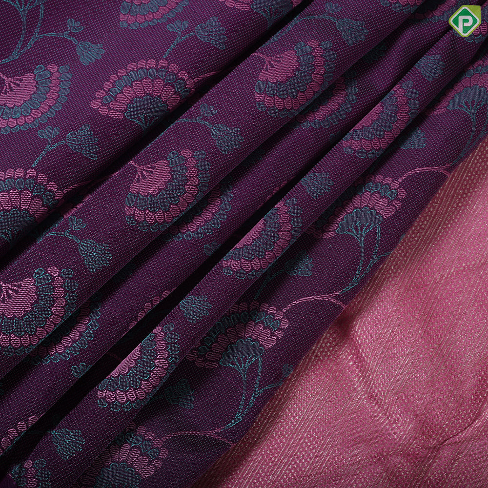 Purple multi color floral embossed design self multi color zari fancy butta border trendy silk saree