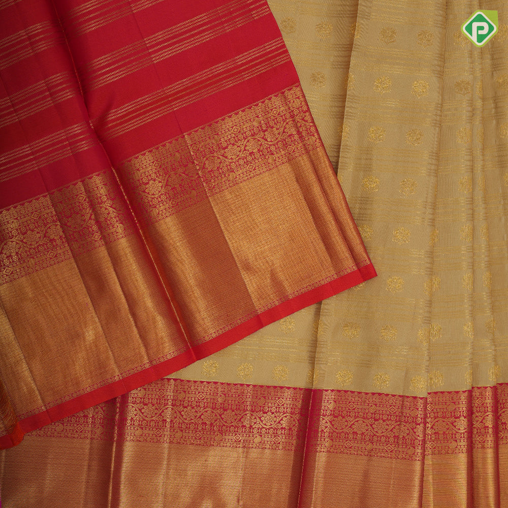 Sandal gold zari Lines and flower butta lines red gold zari cross lines border pattu paavadai lehanka