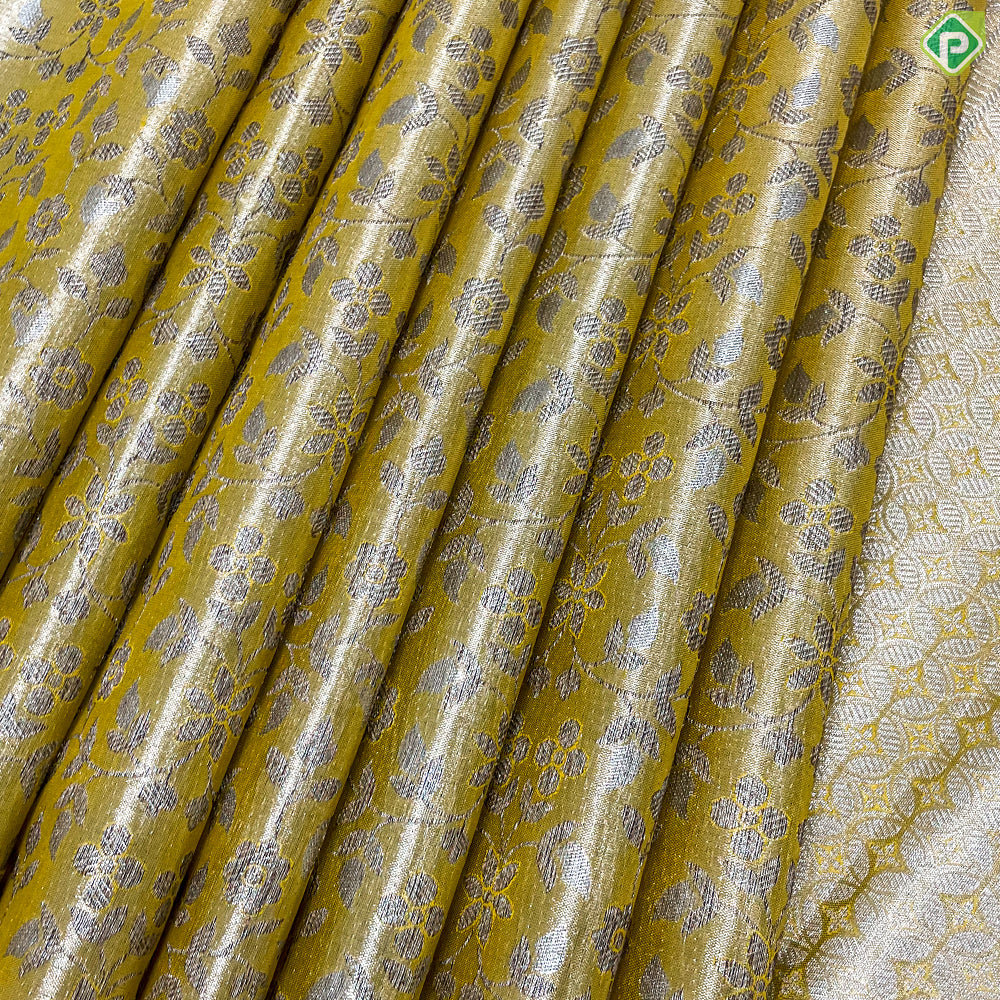 Lemon Yellow Silver And Neem Zari Creeper Design Self Colour Bavanji Rangoli Border Grand Tissue Silk Saree