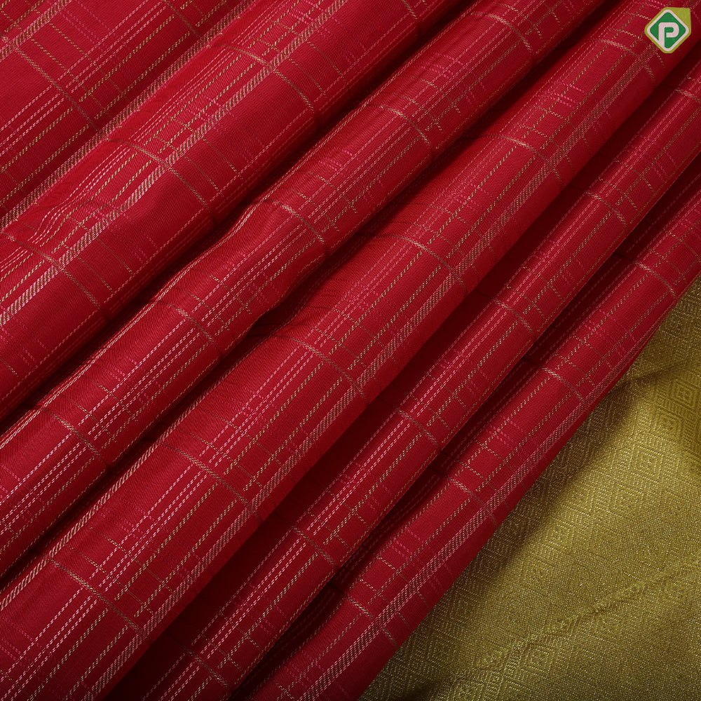 Rani Pink Gold Zari Kattam design contrast florescent green multi line meena work border traditional silk saree