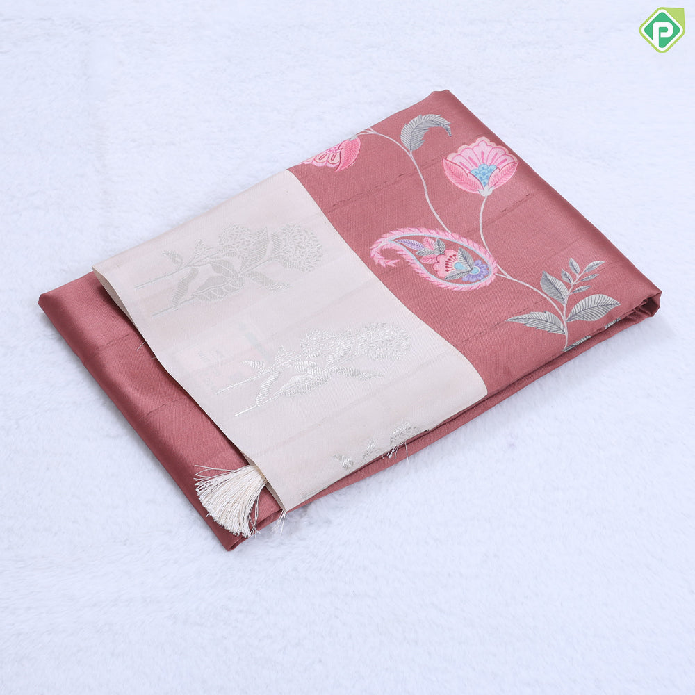 Violet with multi color floral creeper design contrast cream with silver zari flower border semi tusser saree