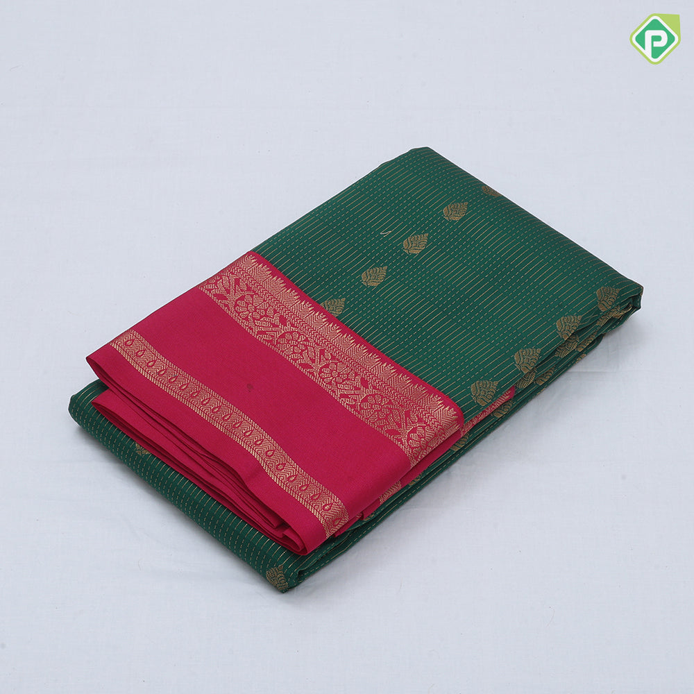 Rexona green gold zari stripes and thilagam butta design rani pink gold zari rettapet border Art silk saree