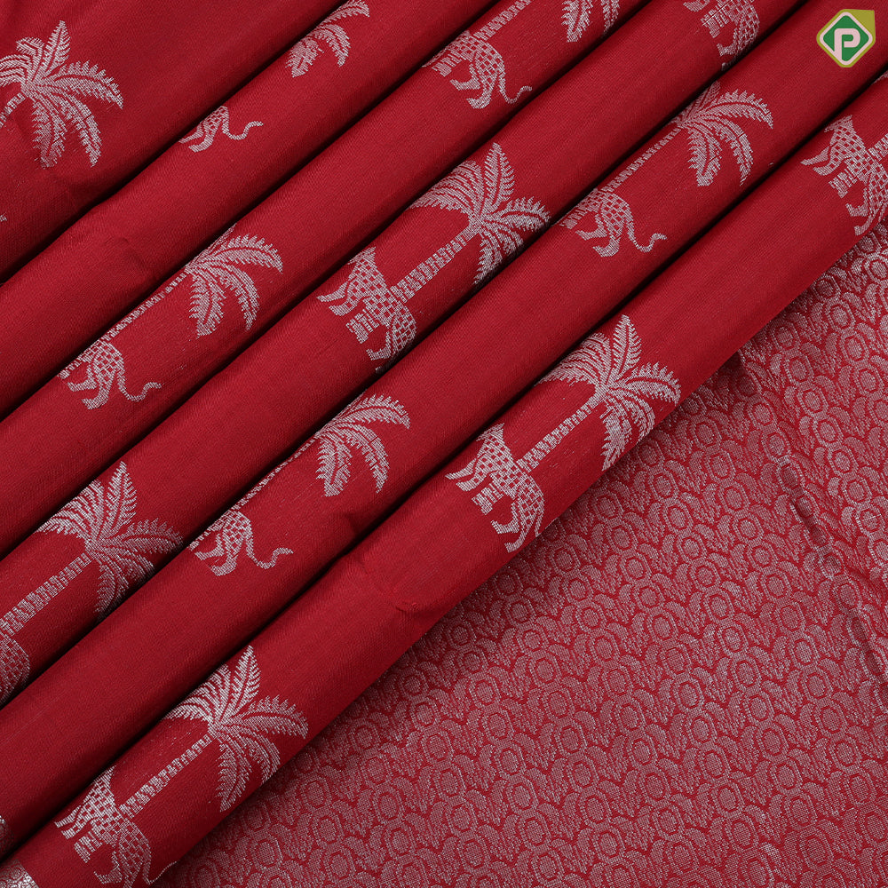 Rani Red silver gold zari leopard under tree butta design self silver gold zari fancy border soft silk saree