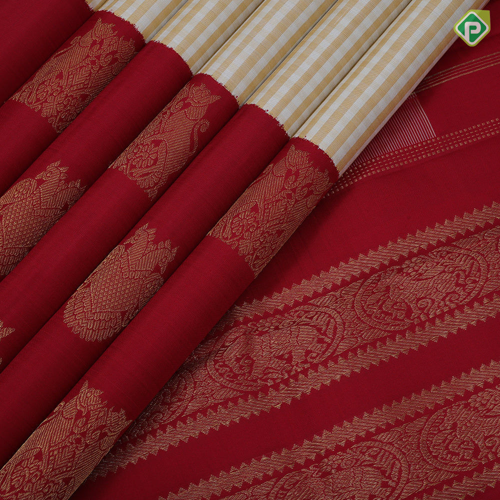 Cream with beige checks body design maroon gold zari butta high three part border concept vintage silk saree