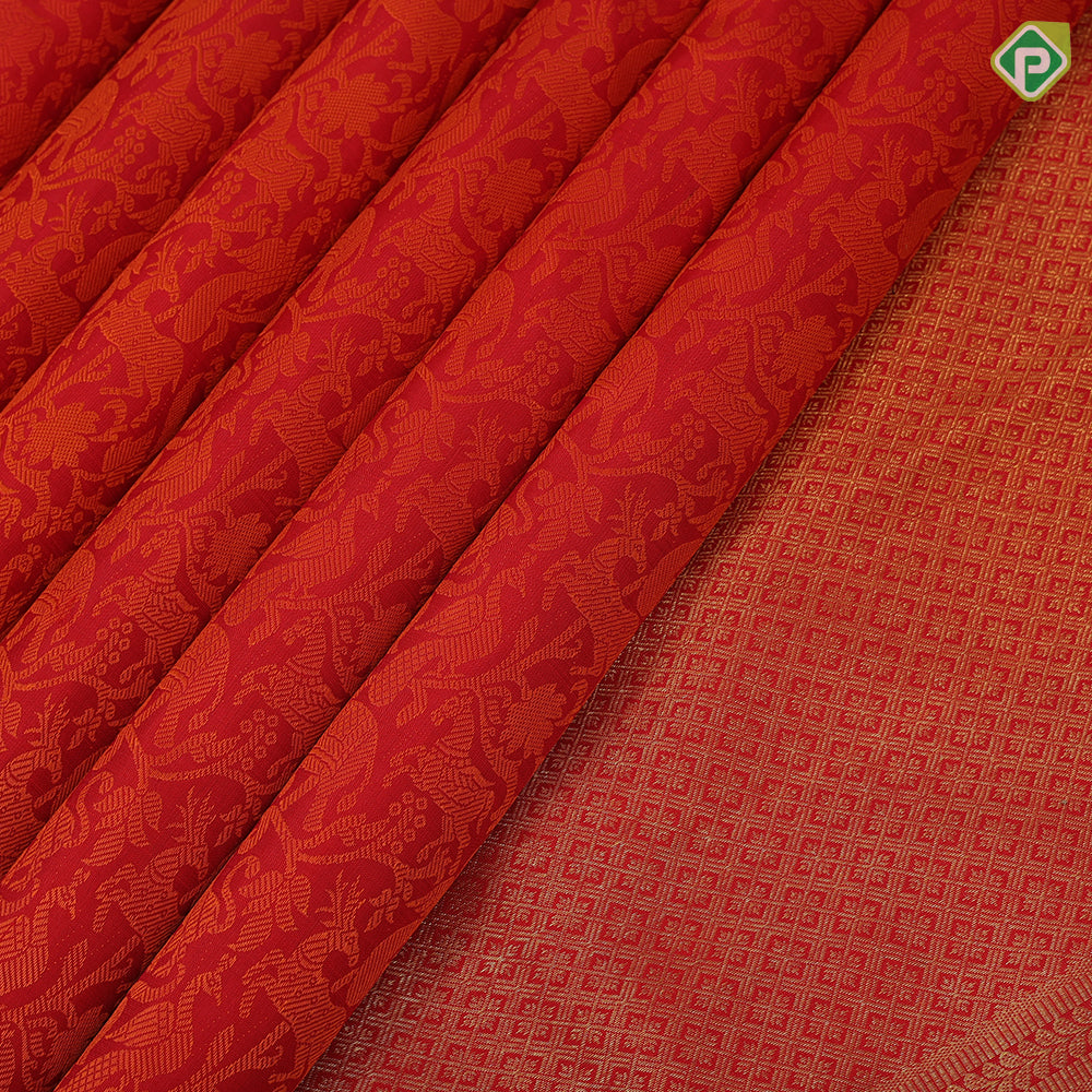 Chilly red base orange silk thread work vanasingaram design self gold zari retta pett border traditional bridal silk saree