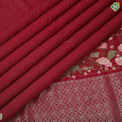 Maroon red silver gold zari stipes and four side floral embroidered self silver gold zari zig zag line border embroidery silk saree