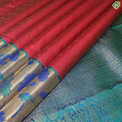 Rani Pink Gold Zari Self Designed Lines Peacock Blue Meena Work Border Grand Bridal Silk Saree
