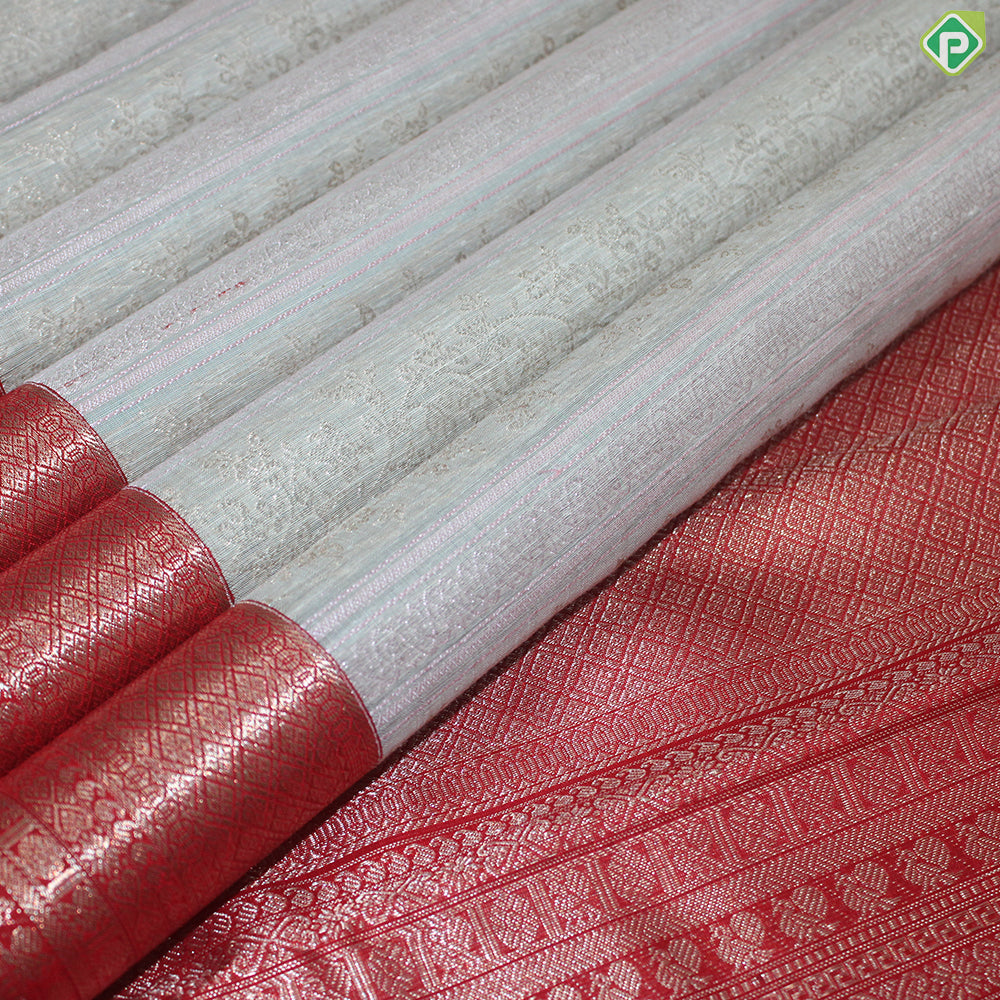 Cream With Baby Pink Lines Gold Zari And Red Colure Border Trendy Designer Silk Saree