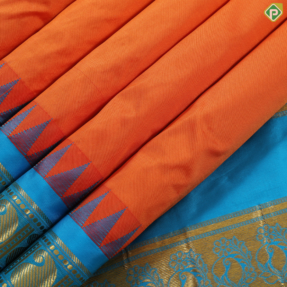 Fanta orange plain weaved design contrast sea blue gold zari mango butta temple border madisar 10 yard silk saree