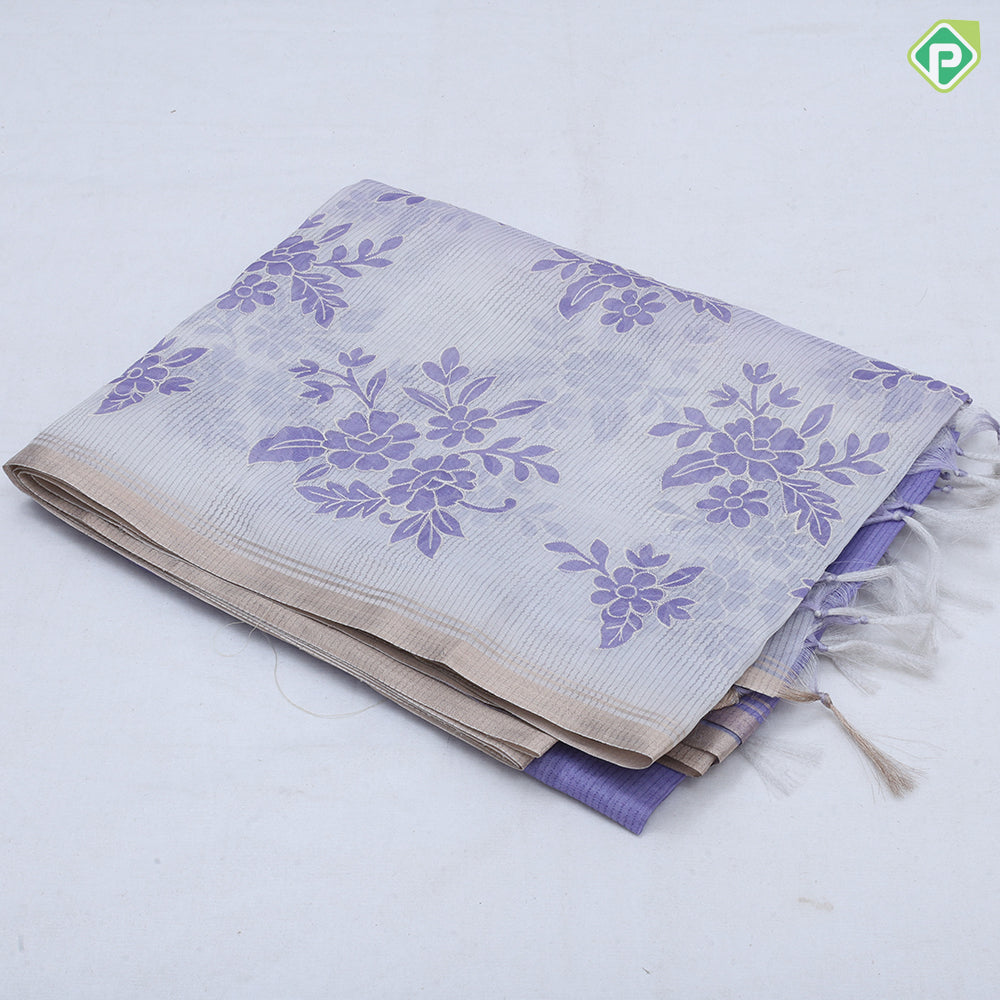 White base pastel color flower design gold zari edge border fancy cotton saree