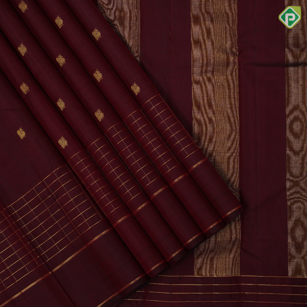 Dark Maroon Gold Zari Peacock Butta Design Self Colour Double Line Border Design Traditional Silk Saree
