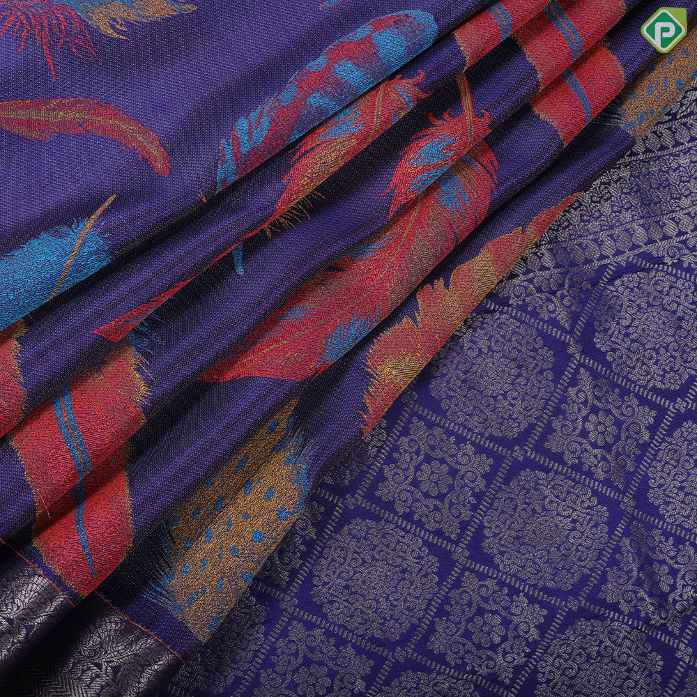 Indigo blue multi color feather design self color silver zari rangoli zig zag border trendy silk saree