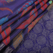 Indigo blue multi color feather design self color silver zari rangoli zig zag border trendy silk saree