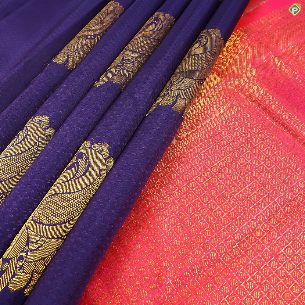 Indigo Blue With Gold Zari Big Mango Floral Design Edge Border Trendy Designer Silk Saree