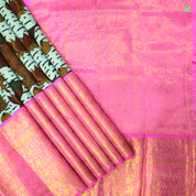 Rama Blue With Peach Pink Hand Painting Kalamkari Silks Saree