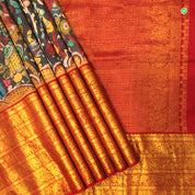Pewter Grey With Brick Red Pure Hand Painting Kalamkari Silks Saree