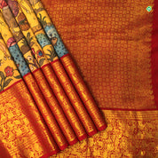 Mustered Yellow With Brick Red Hand Painting Kalamkari Silks Saree